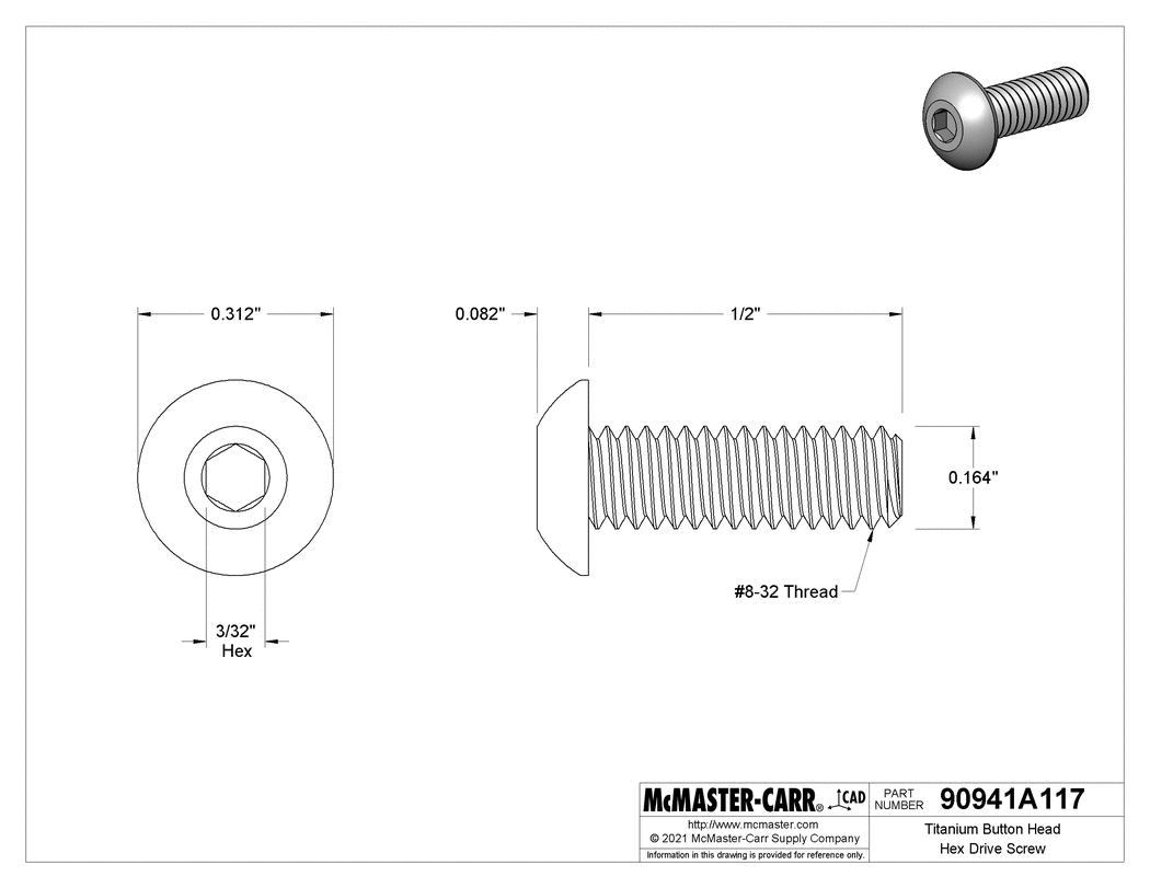Technical Drawing of Titanium Button Head Hex Drive Screw, 8-32 Thread, 1/2" Long.